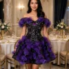 Purple floral off-shoulder cocktail dress CT0004 - wholesale | Canan Gowns