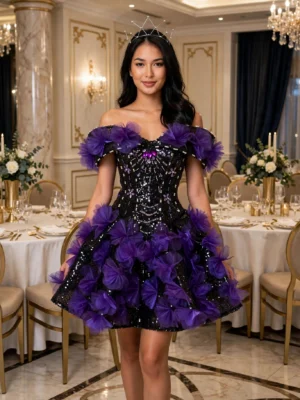 Purple floral off-shoulder cocktail dress CT0004 - wholesale | Canan Gowns