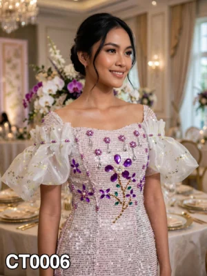 Pink floral sequin off-shoulder cocktail dress CT0006 - wholesale | Canan Gowns