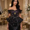 Black beaded off-shoulder peplum cocktail dress CT0008 - wholesale | Canan Gowns