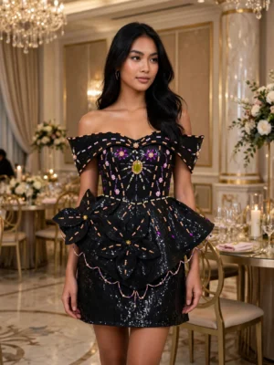 Black beaded off-shoulder peplum cocktail dress CT0008 - wholesale | Canan Gowns