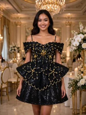 Black beaded off-shoulder peplum cocktail dress CT0010 - wholesale | Canan Gowns