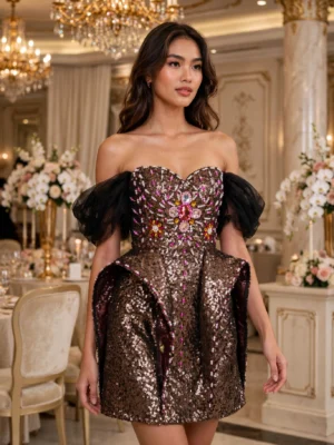 Black sequin off-shoulder cocktail dress CT0017 - wholesale | Canan Gowns