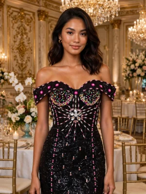 Black beaded off-shoulder cocktail dress CT0022 - wholesale | Canan Gowns