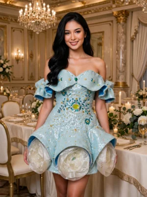 Light blue floral off-shoulder cocktail dress CT0024 - wholesale | Canan Gowns