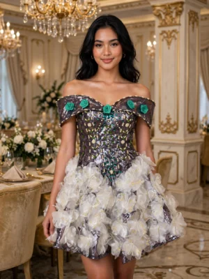 Black sequin floral off-shoulder cocktail dress CT0025 - wholesale | Canan Gowns