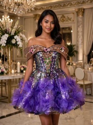 Purple sequin floral off-shoulder cocktail dress CT0027 - wholesale | Canan Gowns