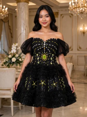 Black beaded off-shoulder cocktail dress CT0029 - wholesale | Canan Gowns