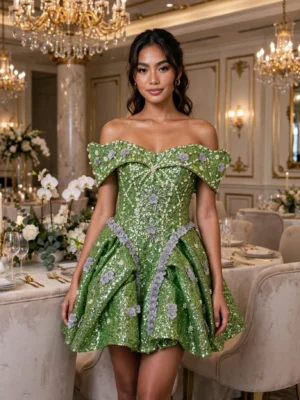 Green sequin off-shoulder cocktail dress CT0030 - wholesale | Canan Gowns