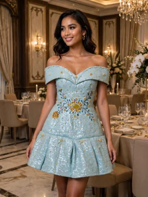 Light blue sequin off-shoulder cocktail dress CT0032 - wholesale | Canan Gowns