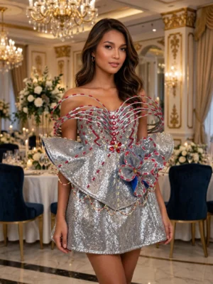 Silver sequin off-shoulder cocktail dress CT0033 - wholesale | Canan Gowns