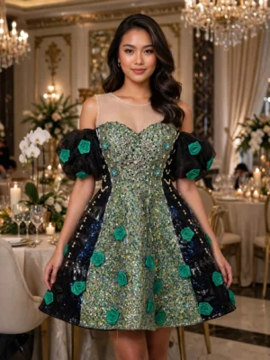 Green sequin off-shoulder cocktail dress CT0034 - wholesale | Canan Gowns