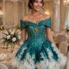 Teal sequin off-shoulder cocktail dress CT0035 - wholesale | Canan Gowns