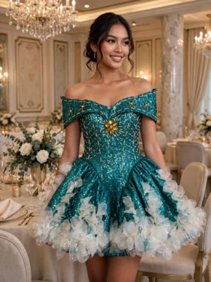 Teal sequin off-shoulder cocktail dress CT0035 - wholesale | Canan Gowns