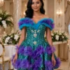 Teal sequin feather off-shoulder cocktail dress CT0036 - wholesale | Canan Gowns