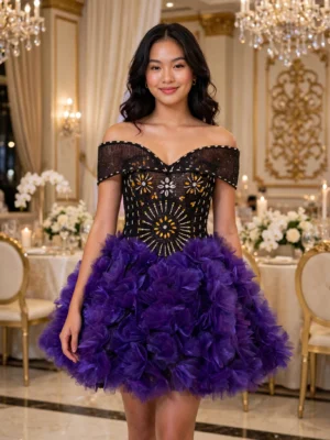 Purple sequin feather off-shoulder cocktail dress CT0037 - wholesale | Canan Gowns