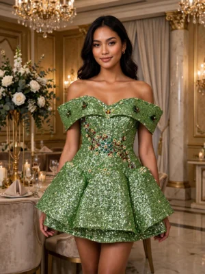 Green sequin off-shoulder cocktail dress CT0040 - wholesale | Canan Gowns