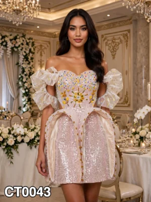 Pink sequin off-shoulder cocktail dress CT0043 - wholesale | Canan Gowns