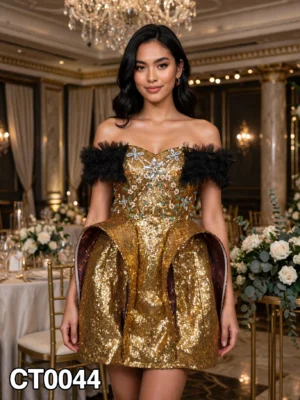 Gold sequin off-shoulder cocktail dress CT0044 - wholesale | Canan Gowns