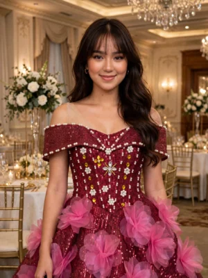 Red sequin feather off-shoulder cocktail dress CT0048 - wholesale | Canan Gowns