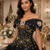 Black sequin floral off-shoulder cocktail dress CT0051 - wholesale | Canan Gowns