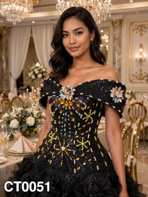 Black sequin floral off-shoulder cocktail dress CT0051 - wholesale | Canan Gowns