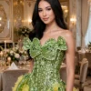 Green sequin floral off-shoulder cocktail dress CT0052 - wholesale | Canan Gowns
