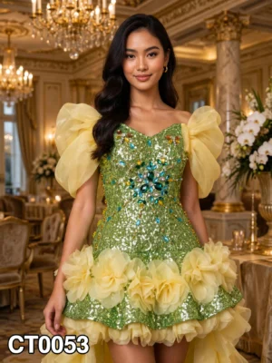 Green sequin floral off-shoulder cocktail dress CT0053 - wholesale | Canan Gowns