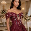Burgundy sequin off-shoulder cocktail dress CT0054 - wholesale | Canan Gowns