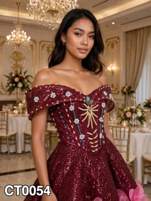 Burgundy sequin off-shoulder cocktail dress CT0054 - wholesale | Canan Gowns