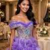 Purple sequin floral off-shoulder cocktail dress CT0056 - wholesale | Canan Gowns