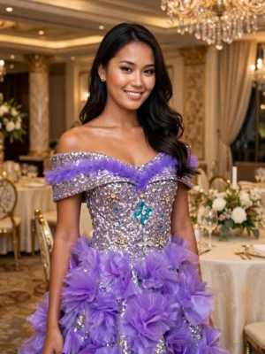Purple sequin floral off-shoulder cocktail dress CT0056 - wholesale | Canan Gowns