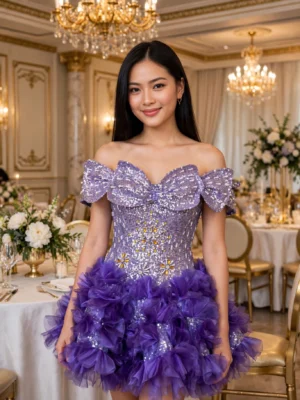 Purple sequin off-shoulder cocktail dress CT0057 - wholesale | Canan Gowns