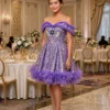 Purple sequin feather off-shoulder cocktail dress CT0059 - wholesale | Canan Gowns