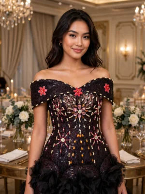 Black sequin floral off-shoulder cocktail dress CT0060 - wholesale | Canan Gowns