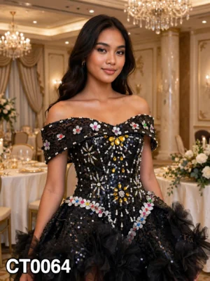 Black sequin floral off-shoulder cocktail dress CT0064 - wholesale | Canan Gowns