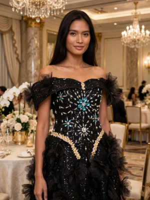 Black sequin feather off-shoulder cocktail dress CT0065 - wholesale | Canan Gowns