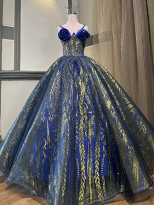 Royal blue ball gown with gold embroidery on mannequin BG0022 - wholesale | Canan Gowns