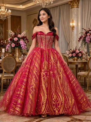 Magenta off-shoulder ball gown with gold embroidery BG0023 - wholesale | Canan Gowns