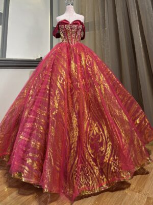 Magenta off-shoulder ball gown with gold embroidery on mannequin BG0023 - wholesale | Canan Gowns