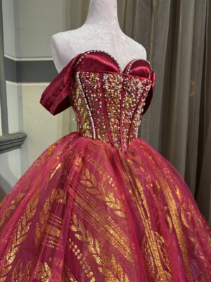 Magenta ball gown with gold embroidery, front view BG0023 - wholesale | Canan Gowns