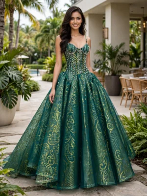 Dark emerald ball gown with gold shimmer pattern BG0024 - wholesale | Canan Gowns