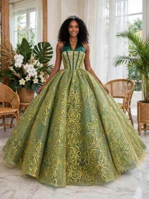Green ball gown with gold embroidery BG0025 - wholesale | Canan Gowns