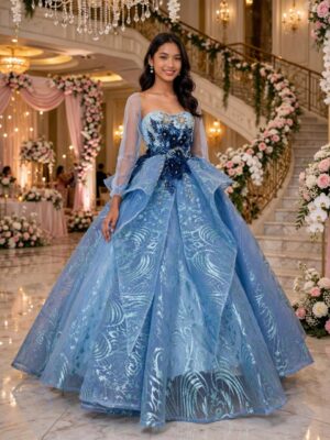 Periwinkle blue ball gown with sheer long sleeves BG0028 - wholesale | Canan Gowns