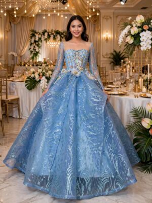 Light blue ball gown with long sheer sleeves BG0029 - wholesale | Canan Gowns